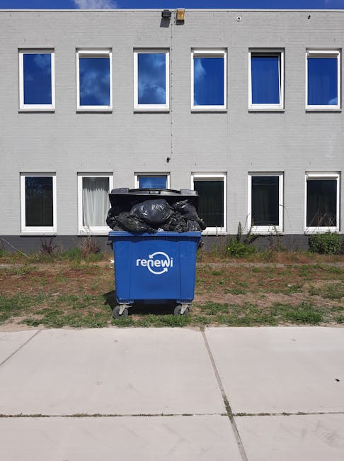 A blue wheeled rubbish bin labeled 'renewi' positioned on a paved sidewalk outside a modern white-brick residential building with four clearly visible windows on the upper and lower floors, some with white curtains and others with reflective glass. The bin is filled with black garbage bags and cardboard boxes, indicating waste collected after a house move or clean-out. The surrounding area includes a grassy strip with small shrubs at the base of the building, and the scene is illuminated by natural daylight with a partly cloudy sky reflected in the windows. This image illustrates the process of disposing bulky waste following a home relocation managed by Man With a Van Shacklewell, highlighting efficient waste removal and transport logistics involved in furniture transport and packing during house removals.